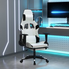 Datorspēļu krēsls ar kāju balstu, balta un melna mākslīgā āda