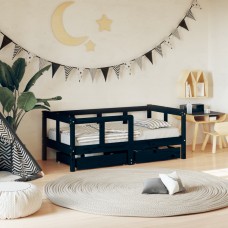 Bērnu gultas rāmis ar atvilktnēm, melns, priedes masīvkoks
