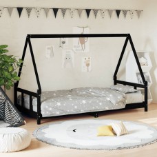 Bērnu gultas rāmis, melns, 90x200 cm, priedes masīvkoks