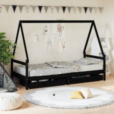 Bērnu gultas rāmis ar atvilktnēm, melns, priedes masīvkoks