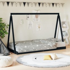 Bērnu gultas rāmis, melns, 90x190 cm, priedes masīvkoks
