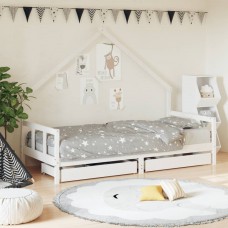 Bērnu gultas rāmis ar atvilktnēm, balts, priedes masīvkoks