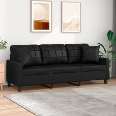 Trīsvietīgs dīvāns ar spilveniem, melns, 180 cm, mākslīgā āda