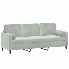 Trīsvietīgs dīvāns ar spilveniem, gaiši pelēks, 180 cm, samts
