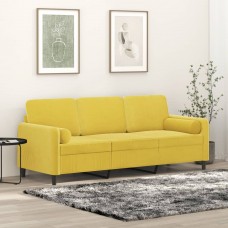 Trīsvietīgs dīvāns ar spilveniem, dzeltens, 180 cm, samts