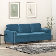 Trīsvietīgs dīvāns ar spilveniem, zils, 180 cm, samts