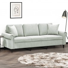 Trīsvietīgs dīvāns ar spilveniem, gaiši pelēks, 180 cm, samts