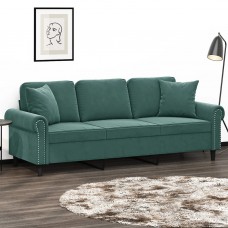 Trīsvietīgs dīvāns ar spilveniem, tumši zaļš, 180 cm, samts