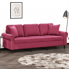Trīsvietīgs dīvāns ar spilveniem, vīnsarkans, 180 cm, samts