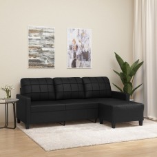 Trīsvietīgs dīvāns ar kājsoliņu, 180 cm, melna mākslīgā āda