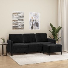 Trīsvietīgs dīvāns ar kājsoliņu, 180 cm, melns samts