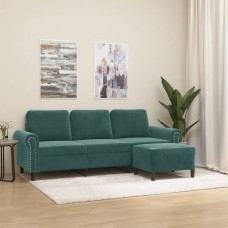 Trīsvietīgs dīvāns ar kājsoliņu, 180 cm, tumši zaļš samts