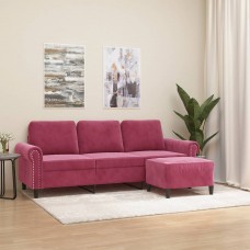 Trīsvietīgs dīvāns ar kājsoliņu, 180 cm, vīnsarkans samts