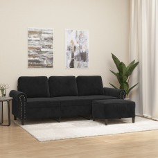 Trīsvietīgs dīvāns ar kājsoliņu, 180 cm, melns samts