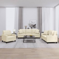 Trīsdaļīgs dīvānu komplekts, spilveni, krēmkrāsas mākslīgā āda