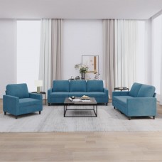 Trīsdaļīgs dīvānu komplekts ar spilveniem, zils samts