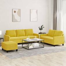 Trīsdaļīgs dīvānu komplekts ar spilveniem, dzeltens samts