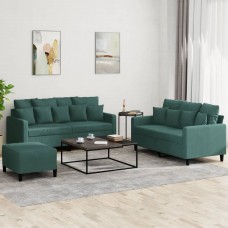 Trīsdaļīgs dīvānu komplekts ar spilveniem, tumši zaļš samts