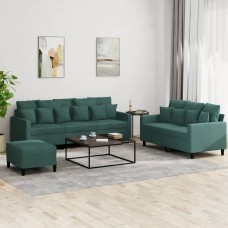 Trīsdaļīgs dīvānu komplekts ar spilveniem, tumši zaļš samts