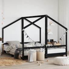 Bērnu gultas rāmis, melns, 2x(90x190) cm, priedes masīvkoks