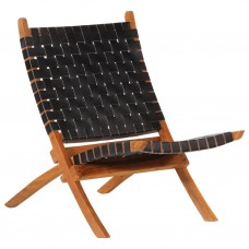 Saliekams atpūtas krēsls, melna dabīgā āda