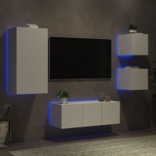 5-daļīgs tv skapīšu komplekts ar led, balts, inženierijas koks