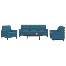 Trīsdaļīgs dīvānu komplekts ar spilveniem, zils samts